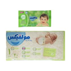 پوشک مولفیکس سایز ۱ بسته ۴۰ عددی به همراه دستمال مرطوب