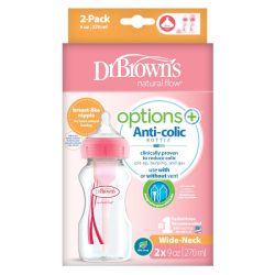 شیشه شیر طلقی  +Options دهانه عریض دکتر براون (Dr browns) 270 میل 2 عددی صورتی