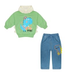 ست هودی و شلوار اسپرت جین FASHION مدل دایناسور رنگ سبز